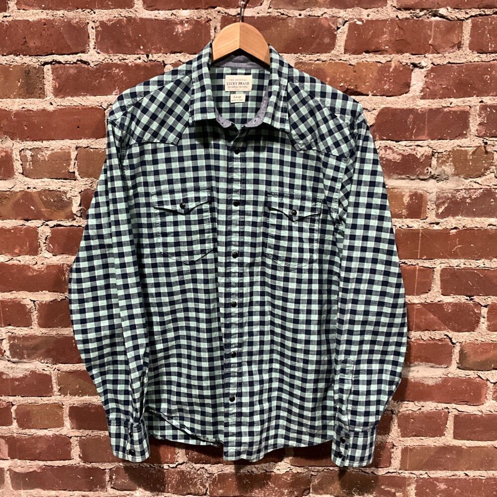 Lucky Brand Shirt Mens Large Green Blue Plaid Pearl Snap Long Sleeve Dad Cowboy